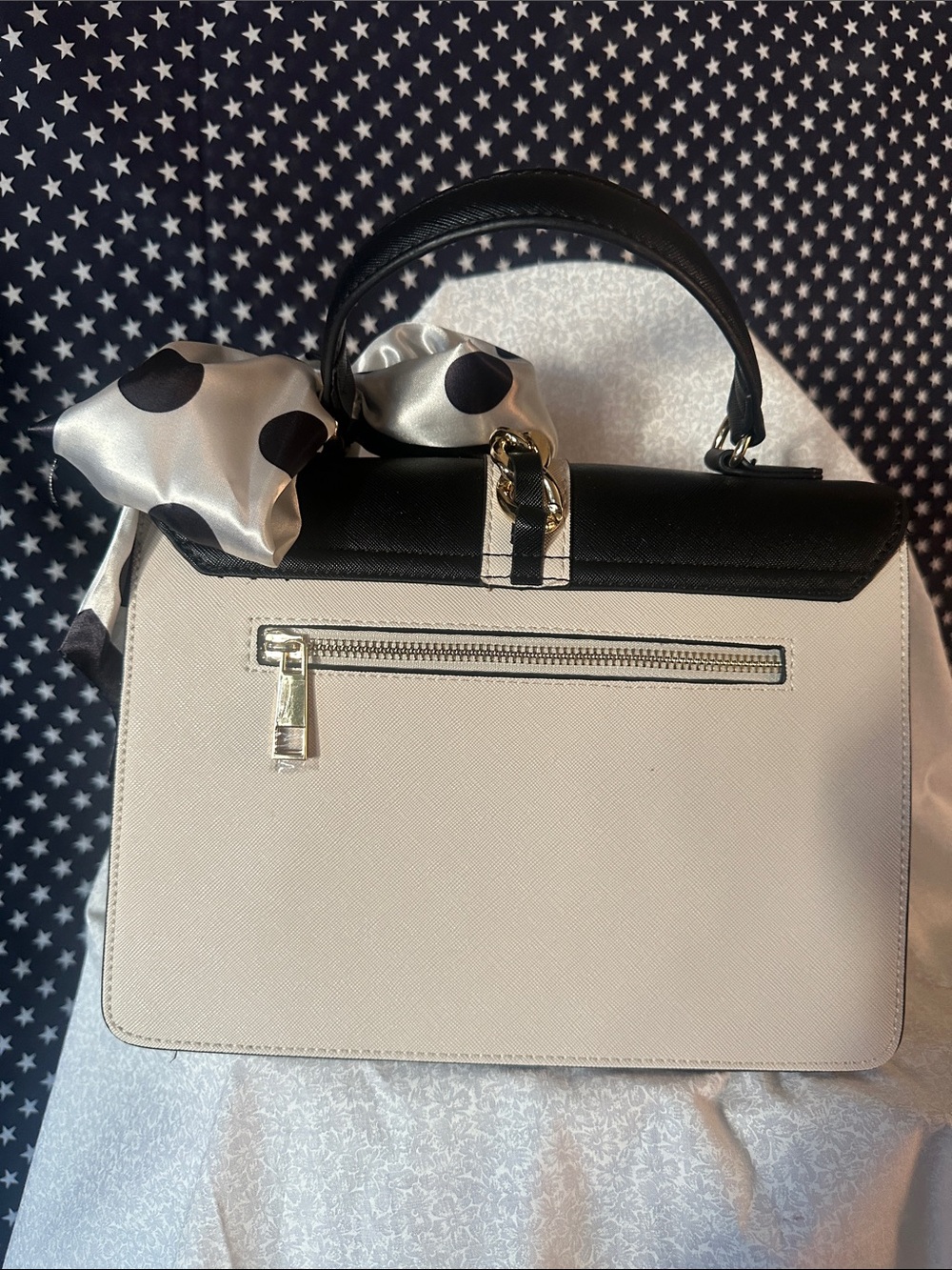 Aldo Black and White Top-Handle Satchel with Gold Chain Accent - Picture 2 of 5
